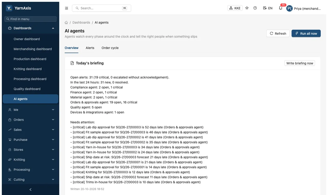 The AI agents screen: today’s briefing, open and critical alert counts, and a card for each agent